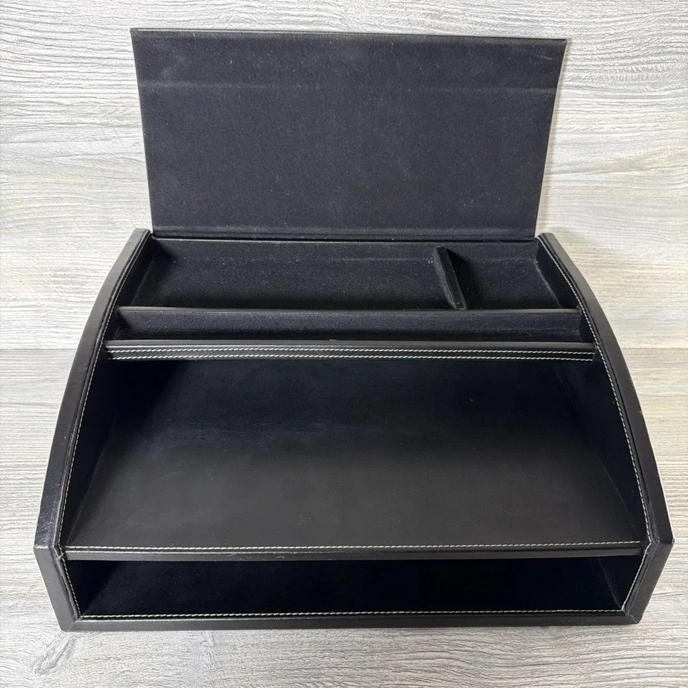 Vtg Faux Leather Desk Box W/ Lid Organizer Writers Box Office MCM 13.5